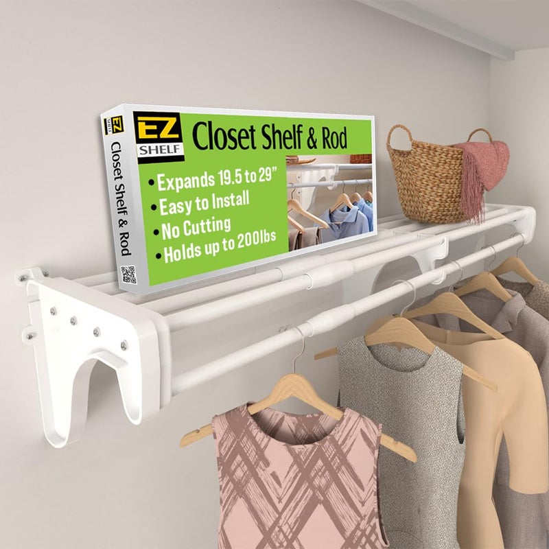 EZ SHELF - Closet Shelf with Hanging Rod â€“ 19.5â€ to 29" Expandable, White, Closet Shelves â€“ Strong, Holds 200 lbs â€“ Easy Install â€“ Backwall (floating) with 2 End Brackets, Alternative to Wire Shelving - Image 1
